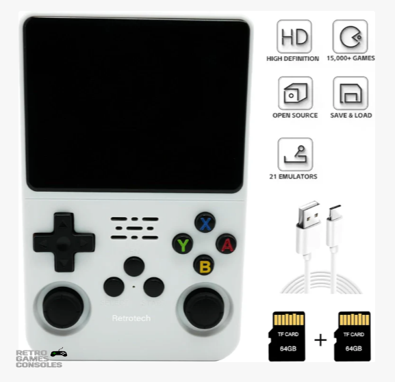 Side view of R36S handheld game console showing AV out and USB ports on white background
